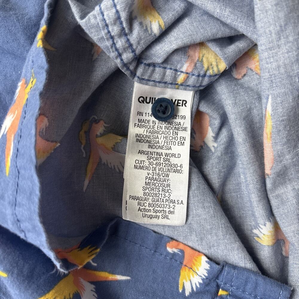 Quiksilver Button Down Shirt Mens Large Blue Tropical Bird Print Modern Fit S/S - Picture 12 of 16